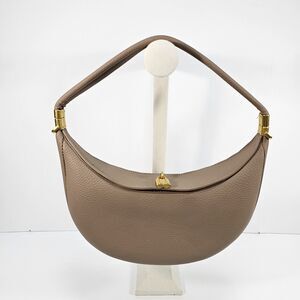 Taupe Crescent Faux Leather Shoulder Bag Minimalist Curved Design Gold Hardware